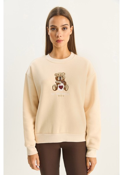 Kadın Teddy Nakış Detaylı Üç Iplik Şardonlu Sweatshirt