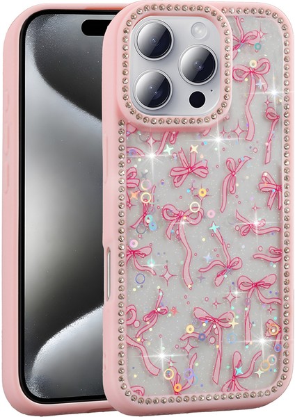 Apple iPhone 16 Pro Kılıf Taşlı ve Simli Tasarım Kapak (Azra)