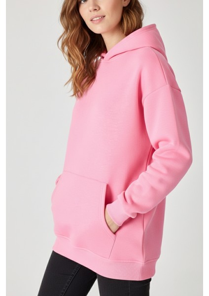 Kadın Oversize % 100 Pamuk Içi Polarlı Yumuşak Dokulu Basic Kapüşonlu Sweatshirt