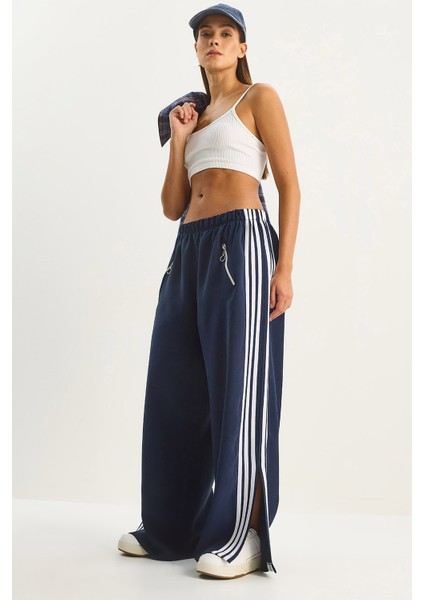 Kadın Şeritli Beli Lastikli Cep Detaylı Mevsimlik Palazzo Pantolon