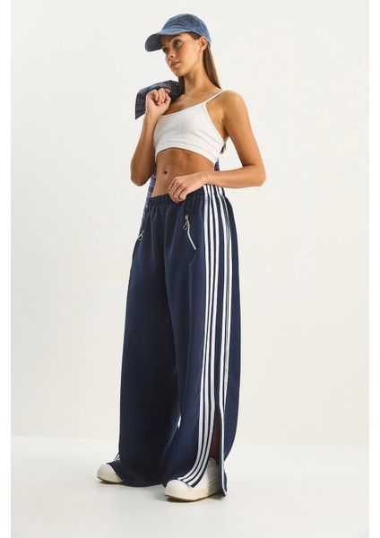 Kadın Şeritli Beli Lastikli Cep Detaylı Mevsimlik Palazzo Pantolon