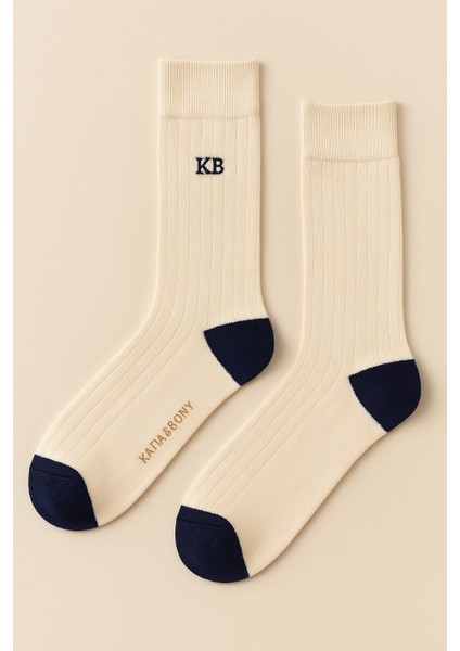 Erkek Çizgili Nakışlı Soket Çorap Ekru