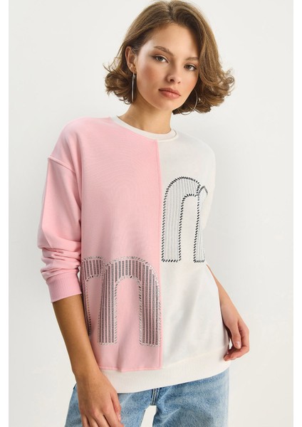 Kadın Bisiklet Yaka Taş Işlemeli Renk Bloklu Oversize Sweatshirt