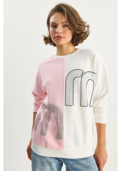 Kadın Bisiklet Yaka Taş Işlemeli Renk Bloklu Oversize Sweatshirt modelleri