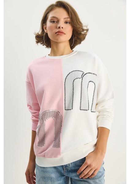 Kadın Bisiklet Yaka Taş Işlemeli Renk Bloklu Oversize Sweatshirt fırsatları