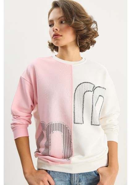 Kadın Bisiklet Yaka Taş Işlemeli Renk Bloklu Oversize Sweatshirt indirimleri