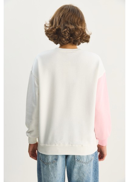 Kadın Bisiklet Yaka Taş Işlemeli Renk Bloklu Oversize Sweatshirt