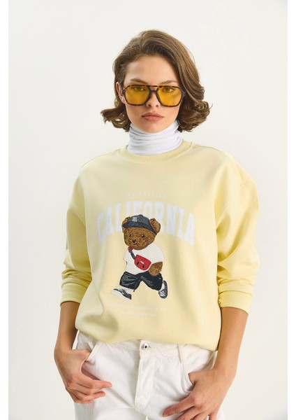 Kadın Bisiklet Yaka Teddy Nakışlı Baskı Detaylı Relaxed Sweatshirt fiyatları