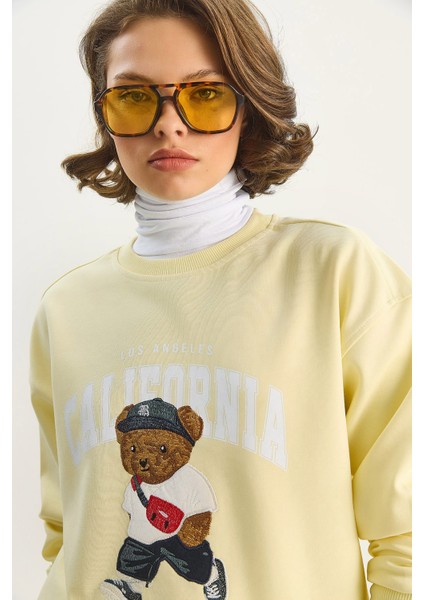 Kadın Bisiklet Yaka Teddy Nakışlı Baskı Detaylı Relaxed Sweatshirt indirimleri