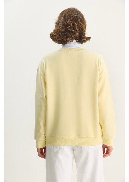 Kadın Bisiklet Yaka Teddy Nakışlı Baskı Detaylı Relaxed Sweatshirt