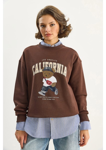 Kadın Bisiklet Yaka Teddy Nakışlı Baskı Detaylı Relaxed Sweatshirt fırsatları