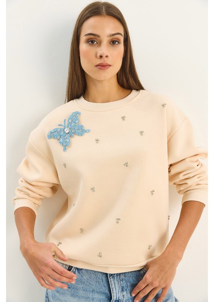 Kadın Bisiklet Yaka Kelebek Aksesuarlı Taş Işlemeli Üç Iplik Şadonlu Sweatshirt indirimleri