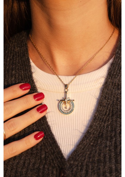 Çelik Kutup Yıldızı Zirkon Taşlı Kolye