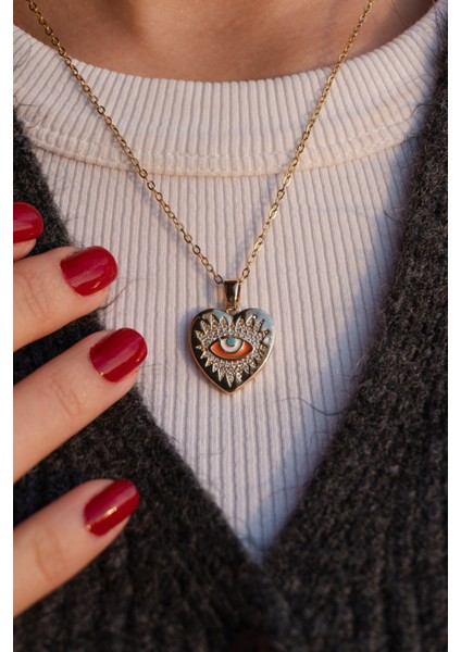 Çelik Kalp Nazar Göz Zirkon Taşlı Kadın Kolye