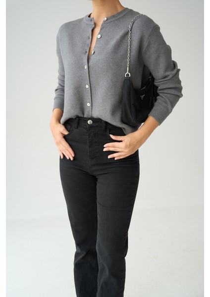 Kadın Gri Bisiklet Yaka Düğmeli Basic Hırka