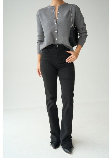 Kadın Gri Bisiklet Yaka Düğmeli Basic Hırka modelleri