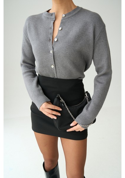 Kadın Gri Bisiklet Yaka Düğmeli Basic Hırka