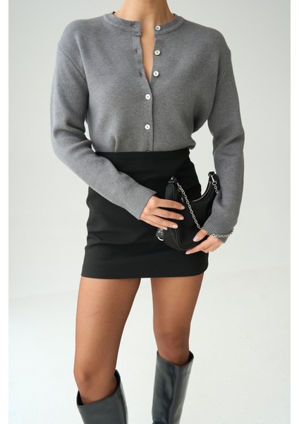 Kadın Gri Bisiklet Yaka Düğmeli Basic Hırka