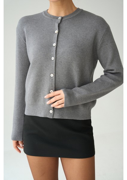 Kadın Gri Bisiklet Yaka Düğmeli Basic Hırka