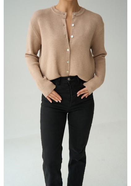 Kadın Gri Bisiklet Yaka Düğmeli Basic Hırka