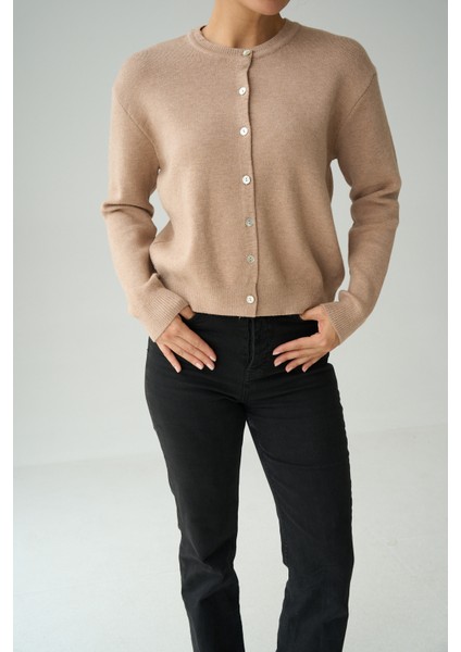 Kadın Gri Bisiklet Yaka Düğmeli Basic Hırka