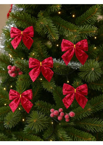 Yılbaşı Ağaç Süsü kadife Fiyonk Asmalı Dekor Süsü Kırmızı 9 cm 4'lü