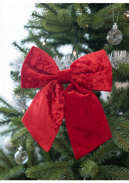 Yılbaşı Ağaç Süsü Kadife Fiyonk Sünger Dolgulu Kurdele Dekor Süsü Kırmızı 30 cm