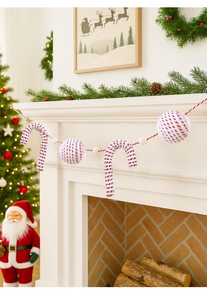 Yılbaşı Dekor Süsleri Baston Şeker Top Figürlü Garland Beyaz Kırmızı 180 cm