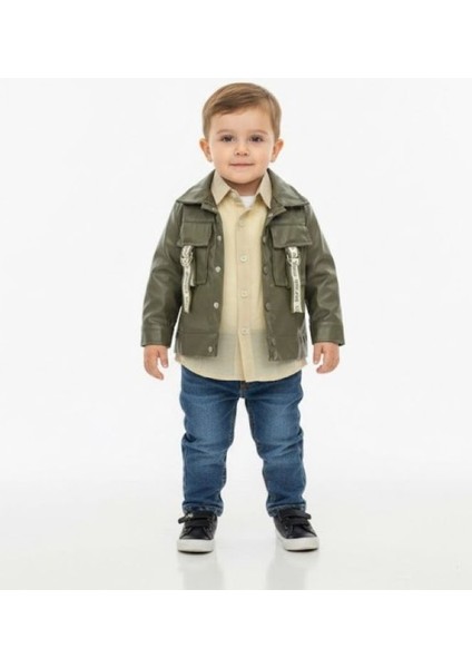 Erkek Çocuk Deri Ceket Gömlek Pantolon Alt Üst Takım Bayramlık 3'lü