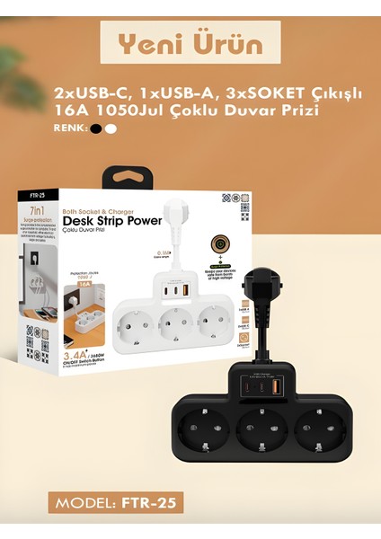 3680W 3.4A 2xusb 1xtype-C Alman Akım Korumalı Saf Bakır 3’lü Priz Çoklayıcı 1050J fiyatları