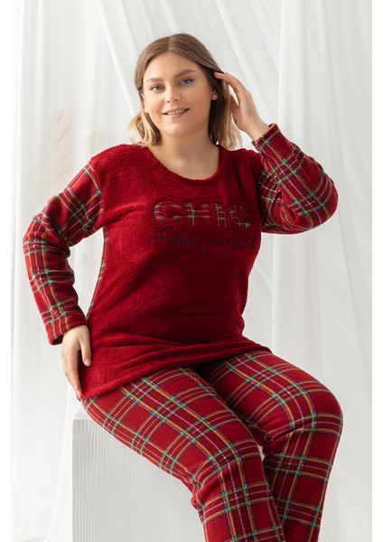 Büyük Beden Peluş Polar Pijama Takımı- Kışlık Büyük Beden Kadın Pijama indirimleri