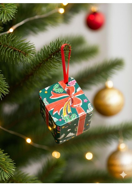 Hediye Paketi Şeklinde Yılbaşı Ağaç Süsü Metal Hediye Kutusu Yeşil 6 cm