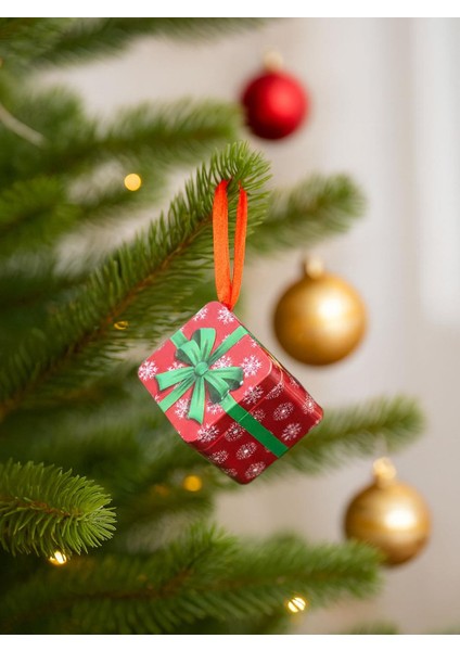 Hediye Paketi Şeklinde Yılbaşı Ağaç Süsü Metal Hediye Kutusu Kırmızı 6 cm