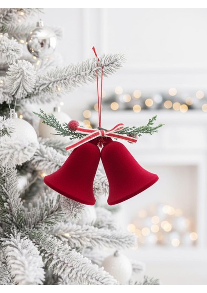 Yılbaşı Ağaç Süsü Kadife Ikili Çan Dekoratif Süsleme Aksesuarı Bordo