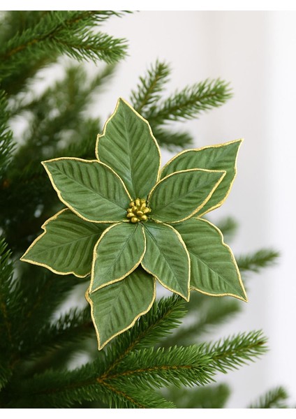 Yılbaşı Ağaç Süsü Ponsetya Atatürk Çiçeği Altın Sim Detaylı Yağ Yeşili 30 cm