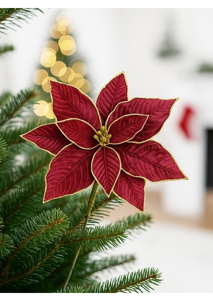 Yılbaşı Ağaç Süsü Ponsetya Atatürk Çiçeği Altın Sim Detaylı Bordo 30 cm