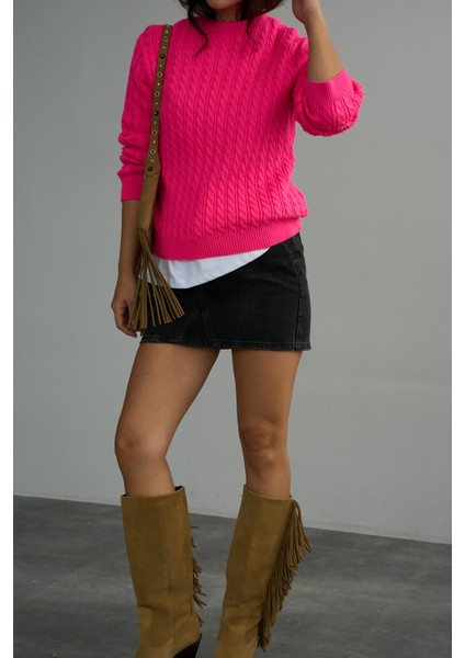 Kadın Bisiklet Yaka Örgü Desenli Triko Kazak