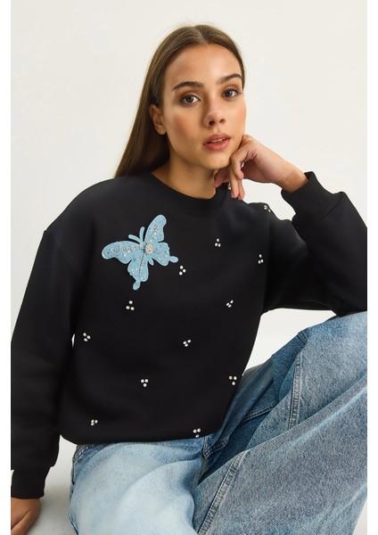 Kadın Bisiklet Yaka Kelebek Aksesuarlı Taş Işlemeli Üç Iplik Şadonlu Sweatshirt modelleri