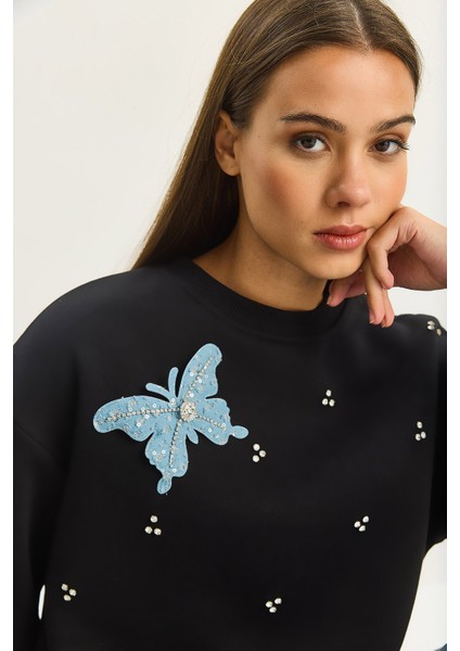 Kadın Bisiklet Yaka Kelebek Aksesuarlı Taş Işlemeli Üç Iplik Şadonlu Sweatshirt fırsatları