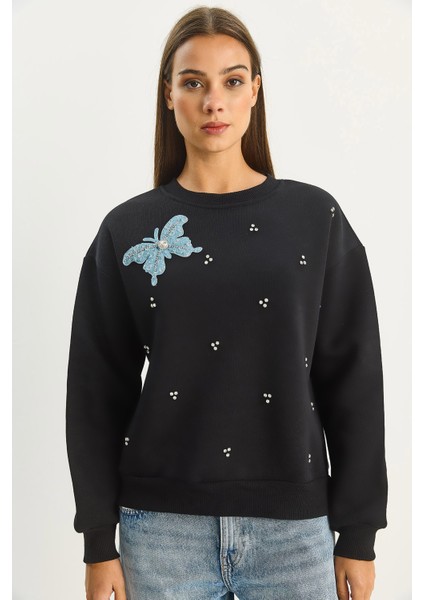 Kadın Bisiklet Yaka Kelebek Aksesuarlı Taş Işlemeli Üç Iplik Şadonlu Sweatshirt indirimleri