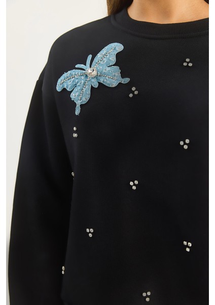 Kadın Bisiklet Yaka Kelebek Aksesuarlı Taş Işlemeli Üç Iplik Şadonlu Sweatshirt
