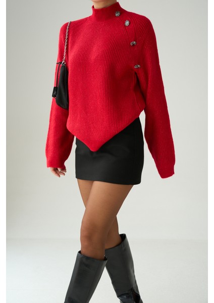 Kadın Yarım Balıkçı Yaka Tasarım Düğme Detaylı Triko Kazak