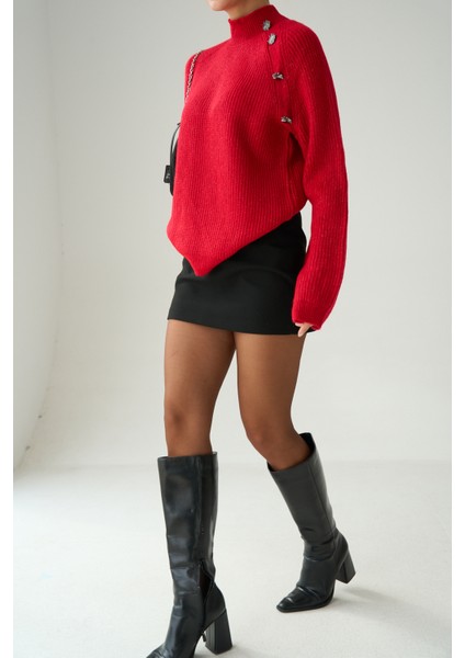 Kadın Yarım Balıkçı Yaka Tasarım Düğme Detaylı Triko Kazak modelleri