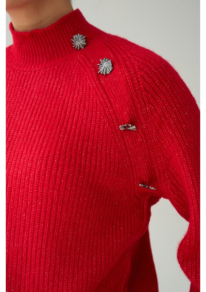 Kadın Yarım Balıkçı Yaka Tasarım Düğme Detaylı Triko Kazak indirimleri