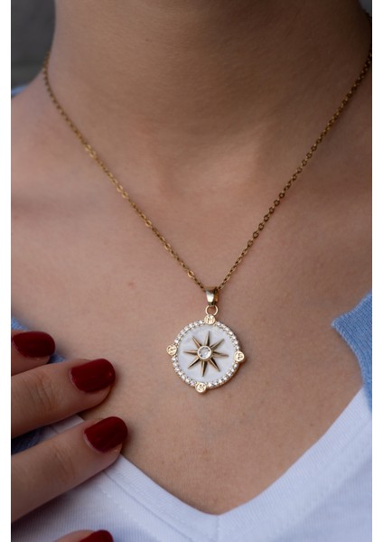 Çelik Kuzey Yıldızı Zirkon Taşlı Kolye