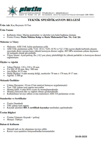 316 L Krom Koç Boynuzu Marina ve Iskele Tipi Ayna Polisaj ( 10 Ton ) fiyatları