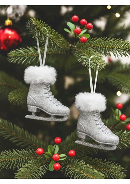 Yılbaşı Ağaç Süsleri Gümüş Simli Kürk Detaylı Dekoratif Paten Süs 12 cm 2'li