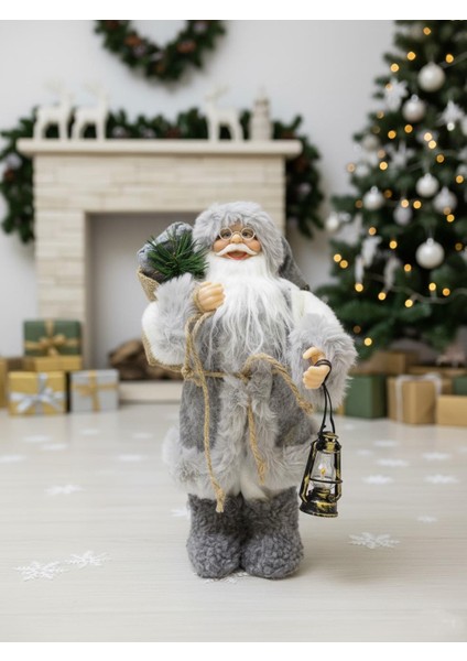 Yılbaşı Dekoru Gri Kürklü Noel Baba Figürlü Süsleme Aksesuarı 30 Cm