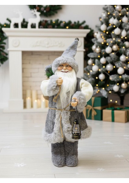 Yılbaşı Dekoru Gri Kürklü Noel Baba Figürlü Süsleme Aksesuarı 45 Cm