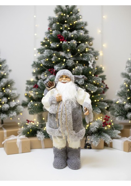 Yılbaşı Dekoru Gri Kürklü Noel Baba Figürlü Süsleme Aksesuarı 60 Cm